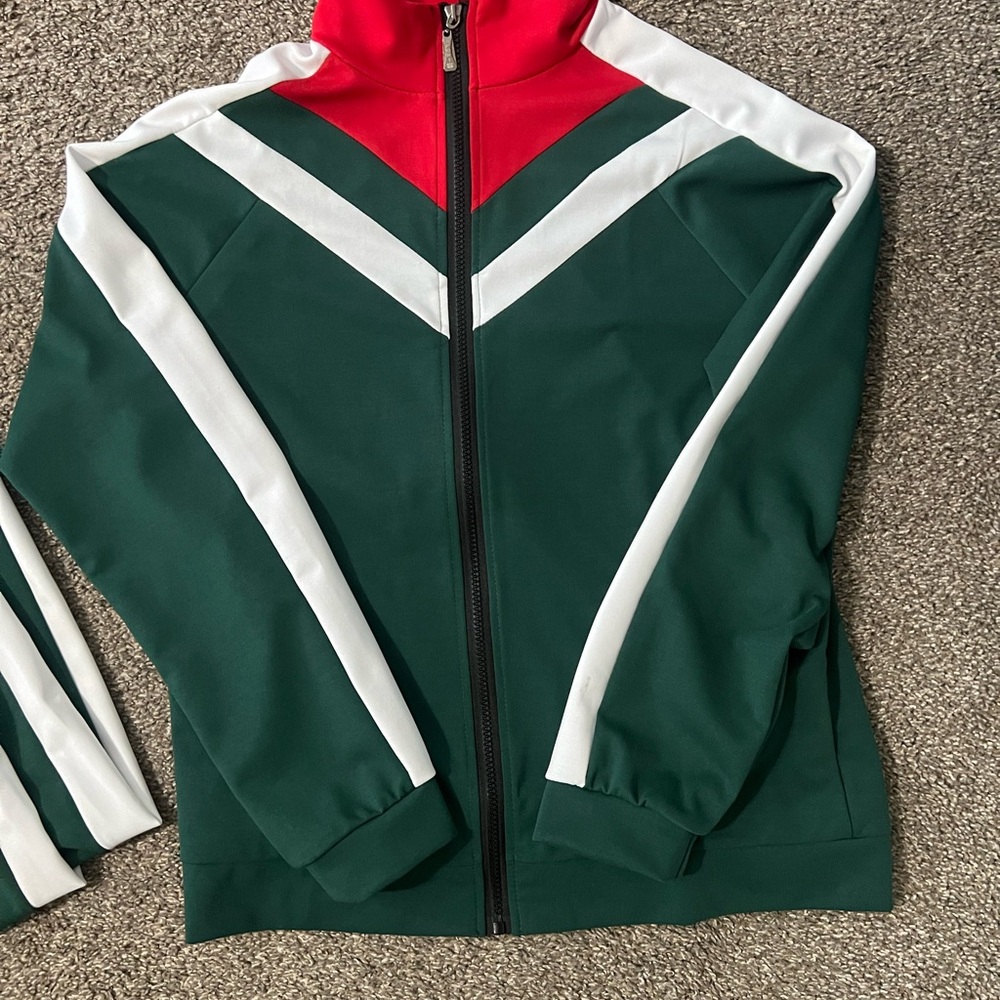 Green and Red Track Suit with White Stripes